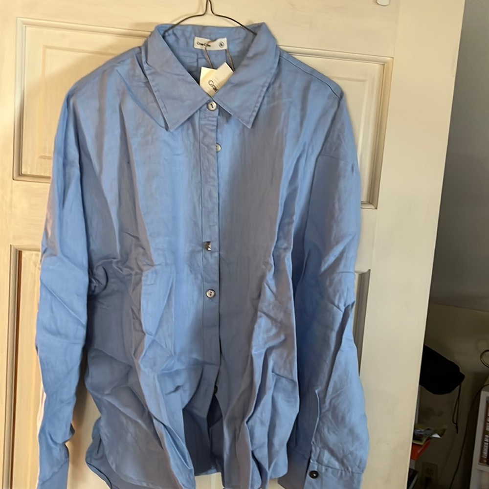 Periwinkle blue cotton linen long sleeve blouse by Grae Coe